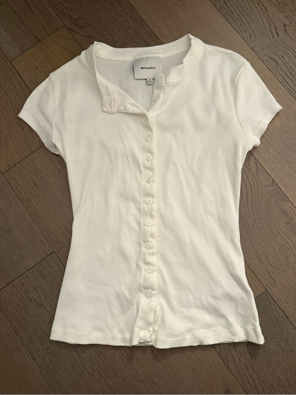 Reformation Ivory Ribbed Button-Front Short Sleeve Top